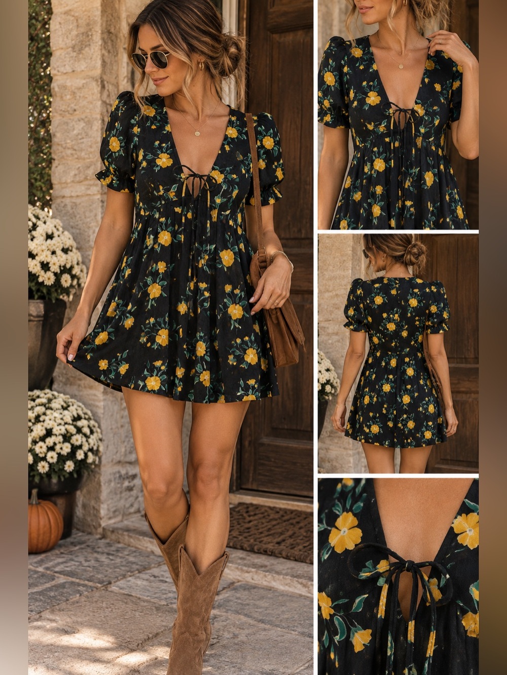 Free People Black Mini Dress/tunic with Yellow Floral Print- Size XS